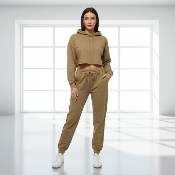 Danielle Guizio Style Inside Out Sweatsuit S | Cozy Camel Cropped Hoodie & Jogge - Picture 1 of 15